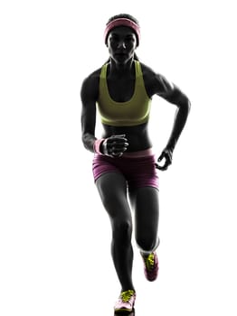one caucasian woman runner running in silhouette on white background