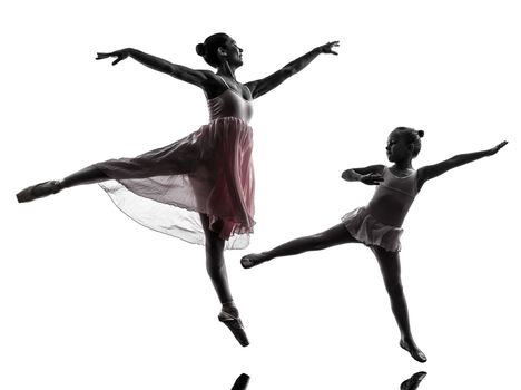 woman and little girl  ballerina ballet dancer dancing in silhouette on white background