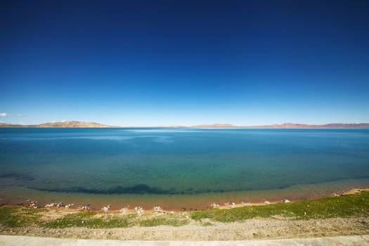 A view of the blue Qinghai lake from the Qinghai Tibet train.