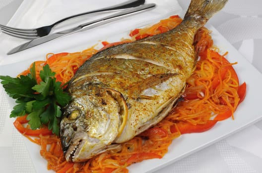 Fried Fish (Dorado) on vegetable cushion