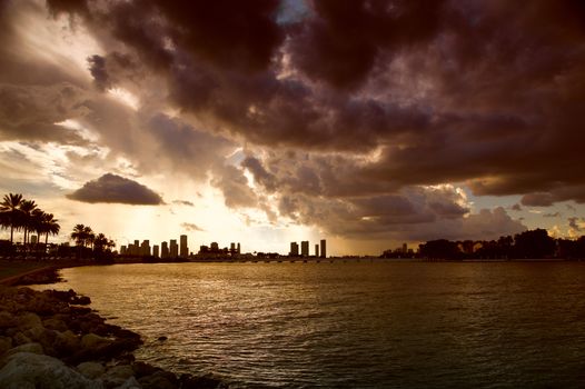 Clouds over a city at dusk, MacArthur Causeway Bridge, Miami, Florida, USA