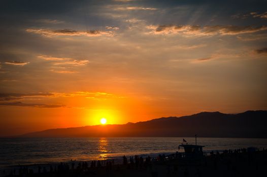 Silhouette of a lifeguard hut on the beach at dusk, Santa Monica Beach, Santa Monica, Los Angeles County, California, USA