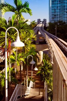 Railroad station viewed from a bridge in Downtown Miami, Miami, Florida, USA