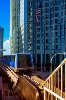 Monorail moving on a railroad track in Downtown Miami, Miami, Florida, USA
