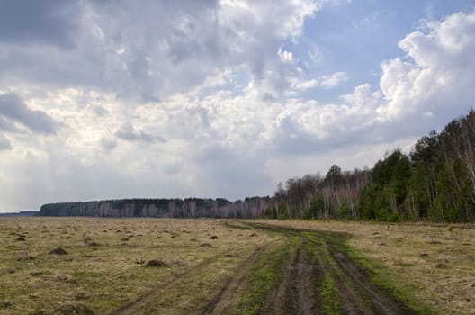 Spring landscape with a road and low clouds