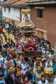Pisac, Peru - July 16, 2013: Virgen del Carmen parade in the peruvian Andes at Pisac Peru on july 16th, 2013