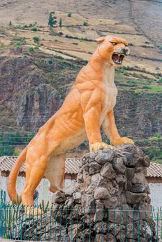 Puma statue in Calca at the peruvian Andes on Cuzco Peru