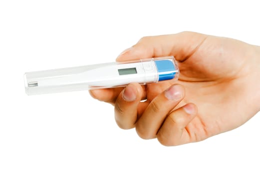 Man's hand with a thermometer on white background