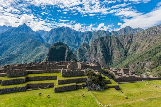 Industrial zone and Main Square Machu Picchu, Incas ruins in the peruvian Andes at Cuzco Peru