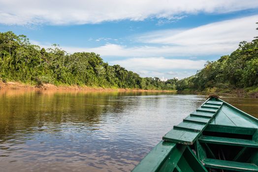 boat in the river in the peruvian Amazon jungle at Madre de Dios Peru