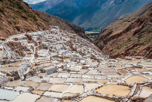 Maras salt mines in the peruvian Andes at Cuzco Peru