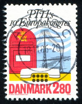 DENMARK - CIRCA 1986: stamp printed by Denmark, shows Mailbox, Telegraph Lines, Telephone, circa 1986
