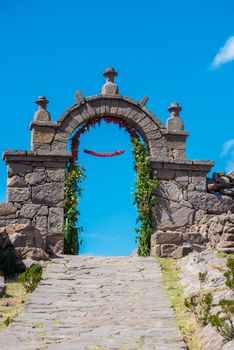 gateway at Taquile Island in the peruvian Andes at Puno Peru