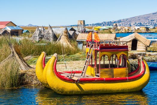 Uros floating islands in the peruvian Andes at Puno Peru