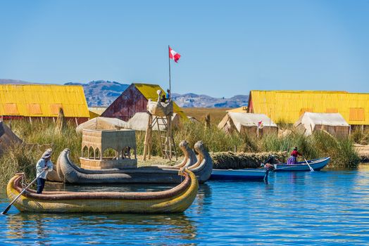 Puno, Peru - July 26, 2013: Uros floating islands in the peruvian Andes at Puno Peru on july 26th, 2013