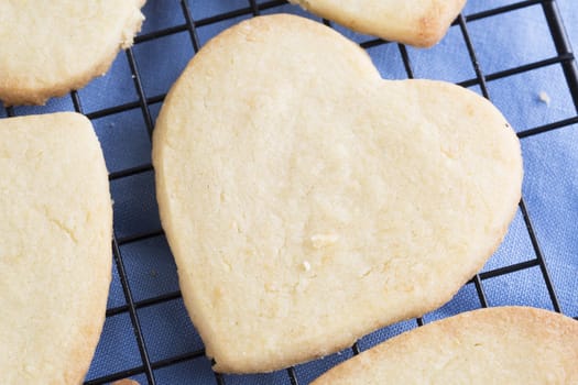 Fresh baked heart shaped cookies on cooling rack.