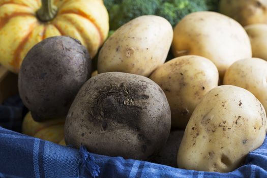 Fresh raw potatoes and beets in basket with other vegetables