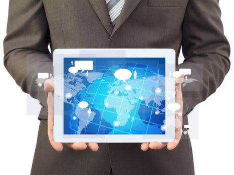 Businessman in a suit holding a tablet computer. The screen tablet - contacts and world map