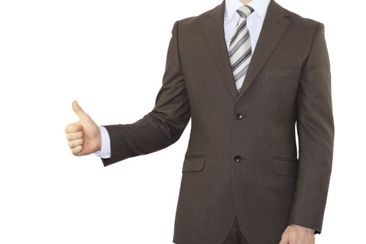 Businessman in a suit holding his thumb up. Isolated on white background