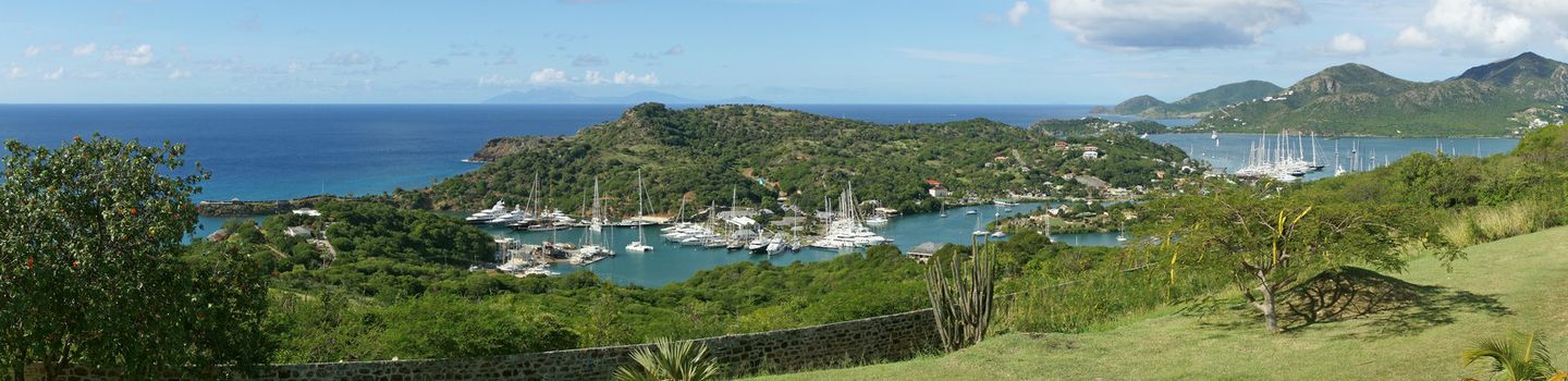 Panorama view over English Harbour and Nelsons Dockyard, Antigua and Barbuda, Caribbean