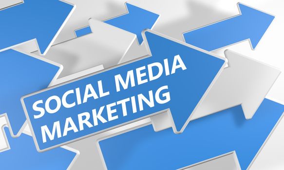 Social Media Marketing 3d render concept with blue and white arrows flying upwards over a white background.