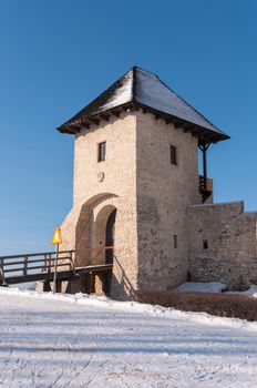 Entrance tower of Bobolice Castle in winter, Silesian Voivodeship, Poland