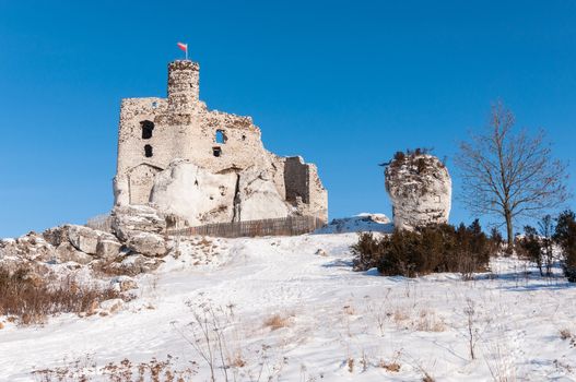 Ruins of Mirow castle in winter, Poland