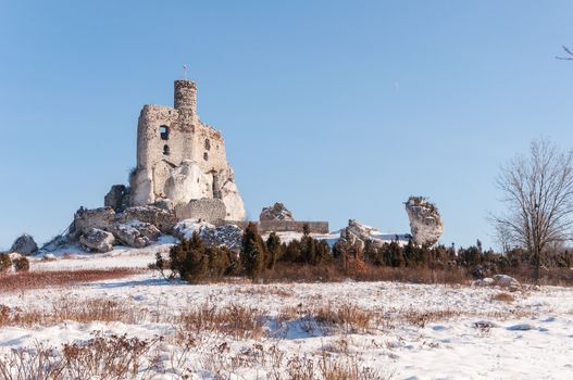 Ruins of Mirow castle in winter, Poland