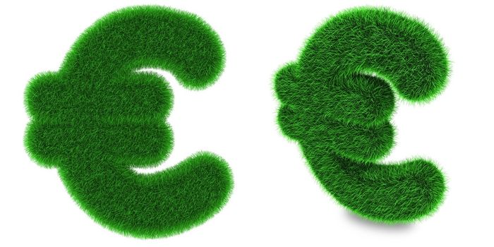 Euro currency symbol covered by green grass isolated on white background
