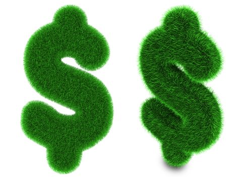 US dollar symbol covered by green grass isolated on white background
