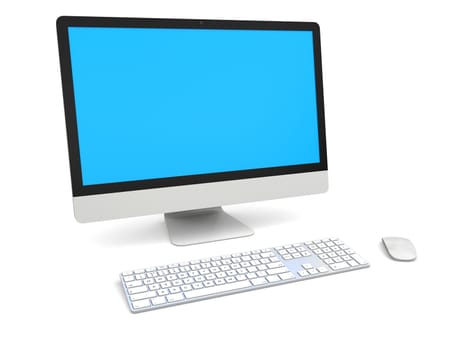 Modern desktop computer with white blank screen isolated on white background