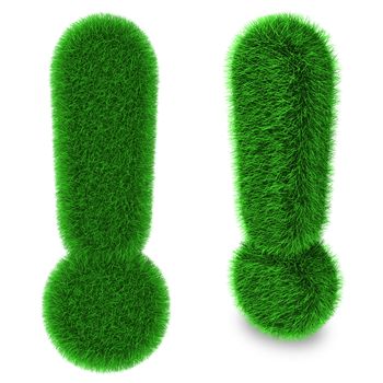 Exclamation mark covered by green grass isolated on white background