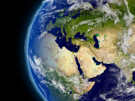 Europe, Middle East and Africa viewed from space with atmosphere and clouds. Elements of this image furnished by NASA.