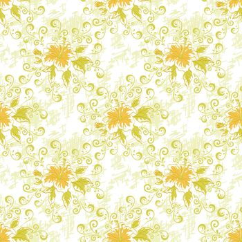 Seamless floral background, hibiscus flowers and leaves and abstract pattern.
