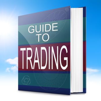 Illustration depicting a text book with a trading concept title. Sky background.