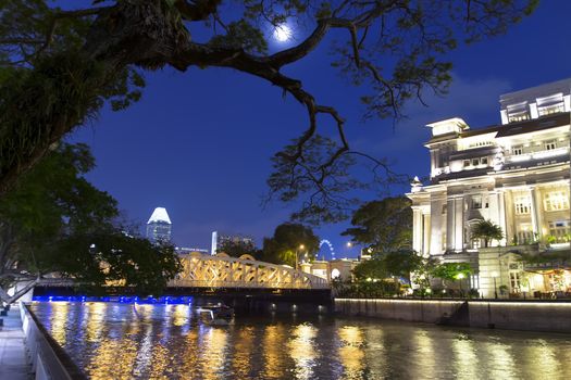 Singapore River. Center of Singapore, evening in city.