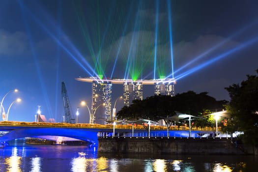 Singapore River. Center of Singapore, evening in city.