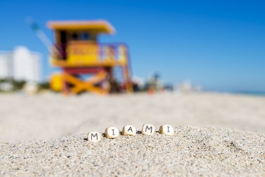 Maimi Southbeach, lifeguard house with letters on the sand, Florida, USA, 