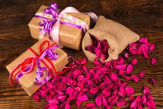 Valentines still life arangement with  dried flower petals