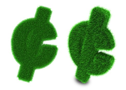 Cent sign covered by green grass isolated on white background