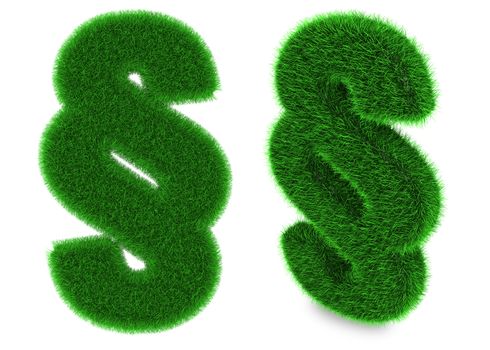 Paragraph symbol covered by green grass isolated on white background