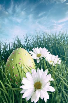 Colorful easter egg on in grass with bright spring sky