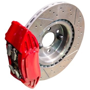 Mechanism of automobile disc brakes: assembled caliper with disk and pads isolate