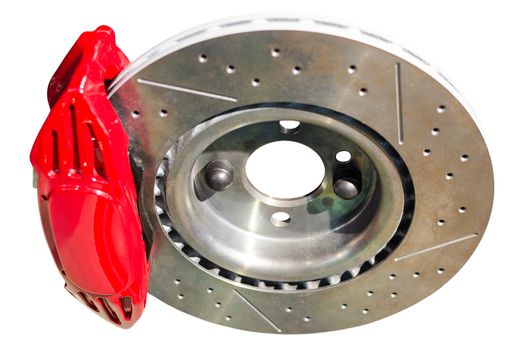 Assembled auto disc brakes red caliper with pads isolated on white