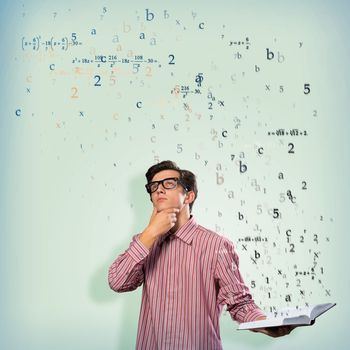 young scientist holding a book, fly out different ideas. concept of creativity