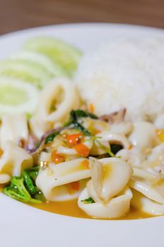 stir fried  squid and vegetable  served with steamed rice , spicy food