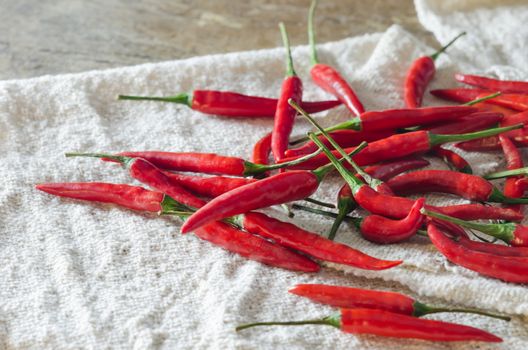 fresh red chili  on  sackcloth over wooden background