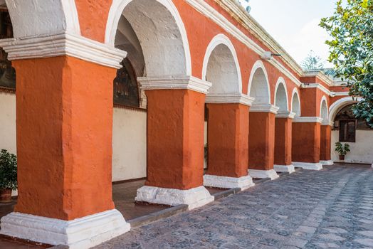 archs and columns in Santa Catalina monastery in the peruvian Andes at Arequipa Peru