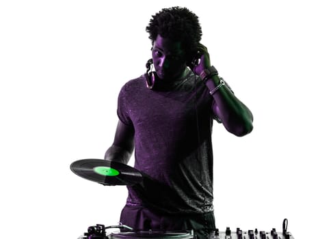 one disc jockey man in silhouette on white background