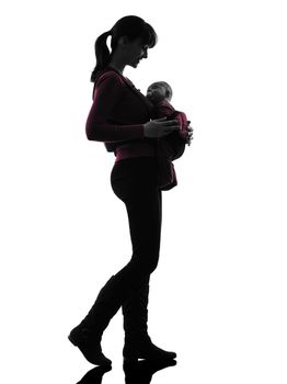 one caucasian woman mother walking baby silhouette on white background